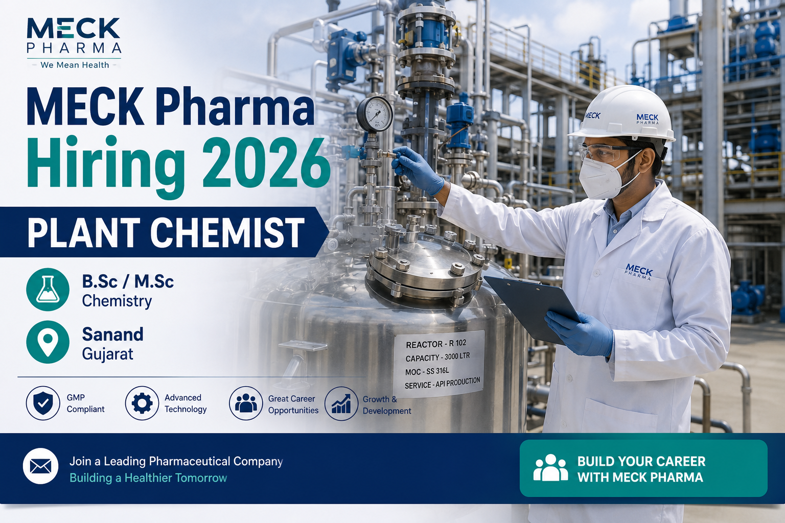 MECK Pharmaceuticals Hiring Plant Chemist in Sanand