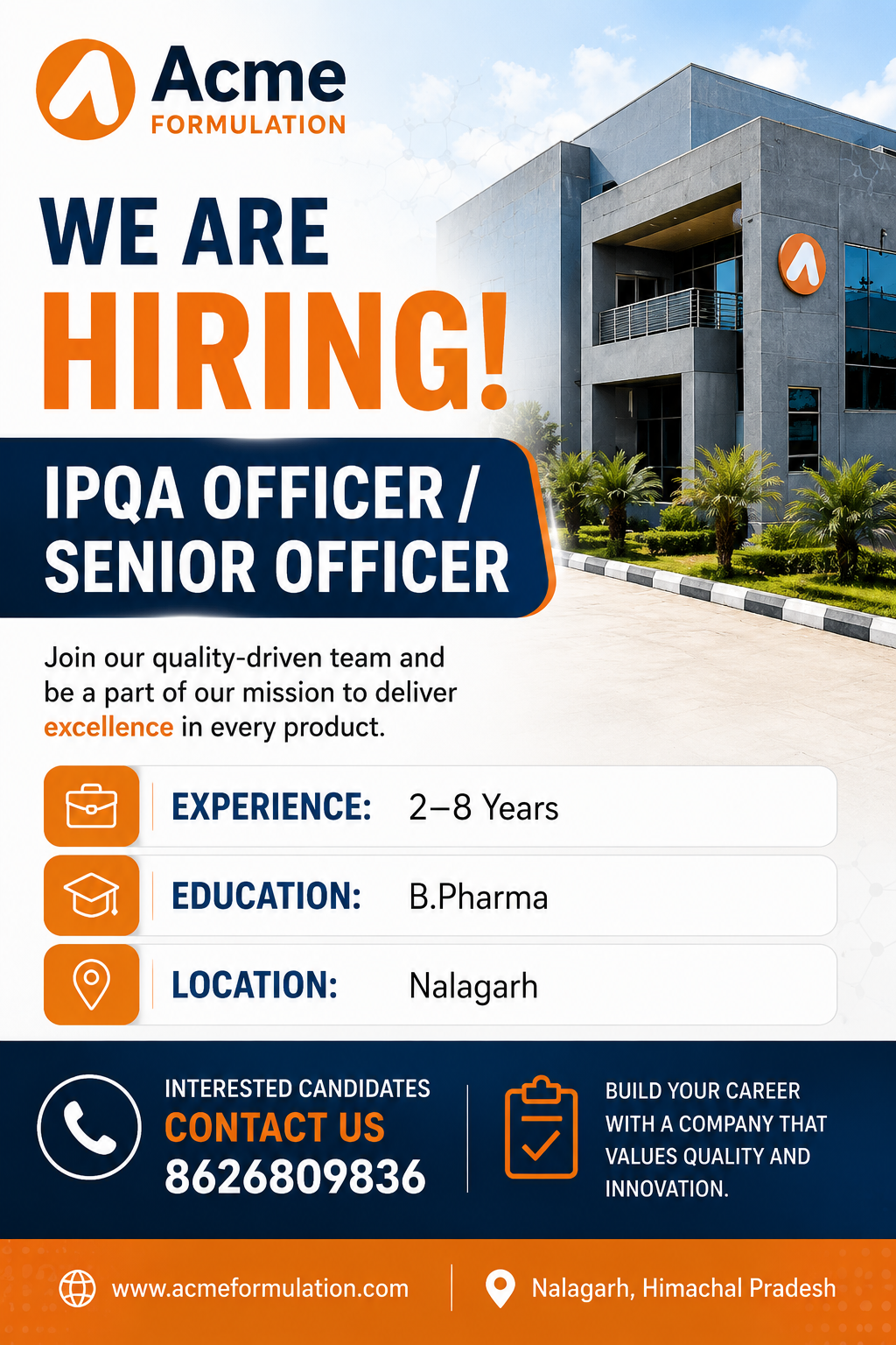 Acme Formulation Hiring IPQA Officer & Sr Officer in Nalagarh