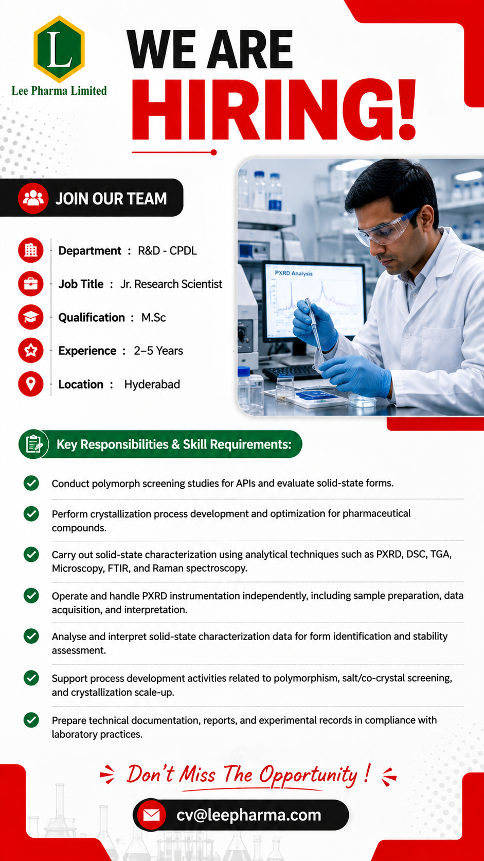 Lee Pharma Hiring Jr. Research Scientist in Hyderabad