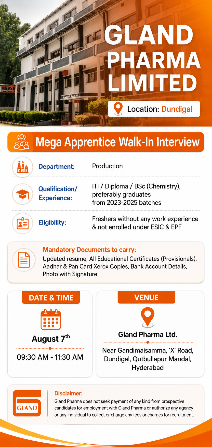 Gland Pharma Apprentice Walk-In 2026