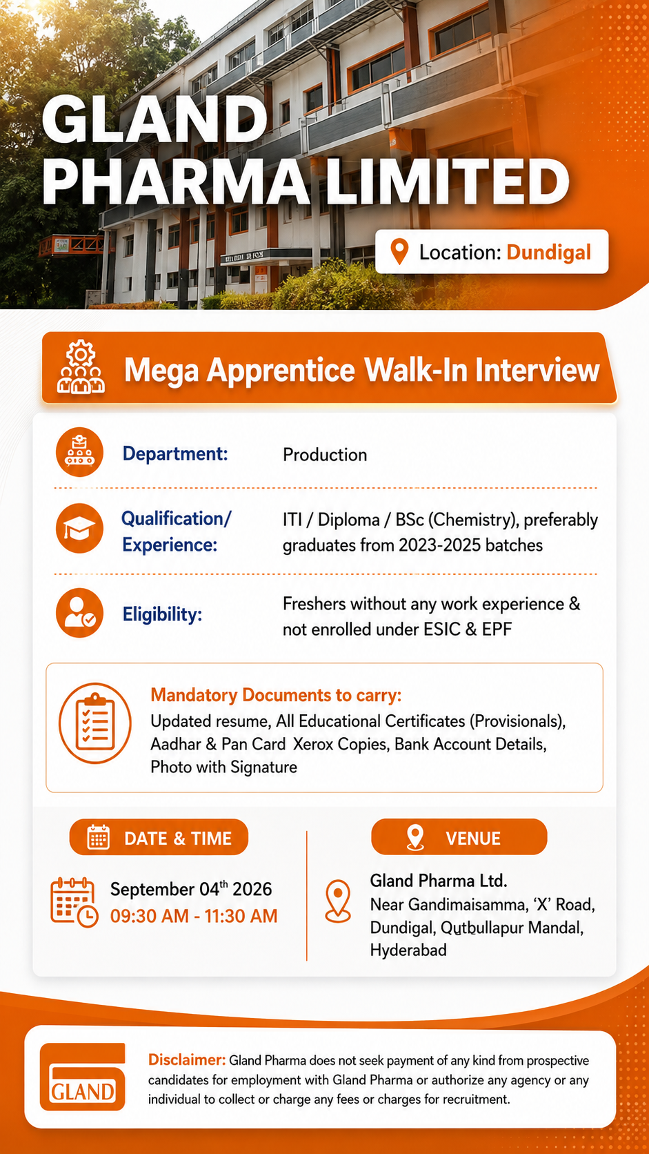 Gland Pharma Mega Apprentice Walk-In Interview 2026