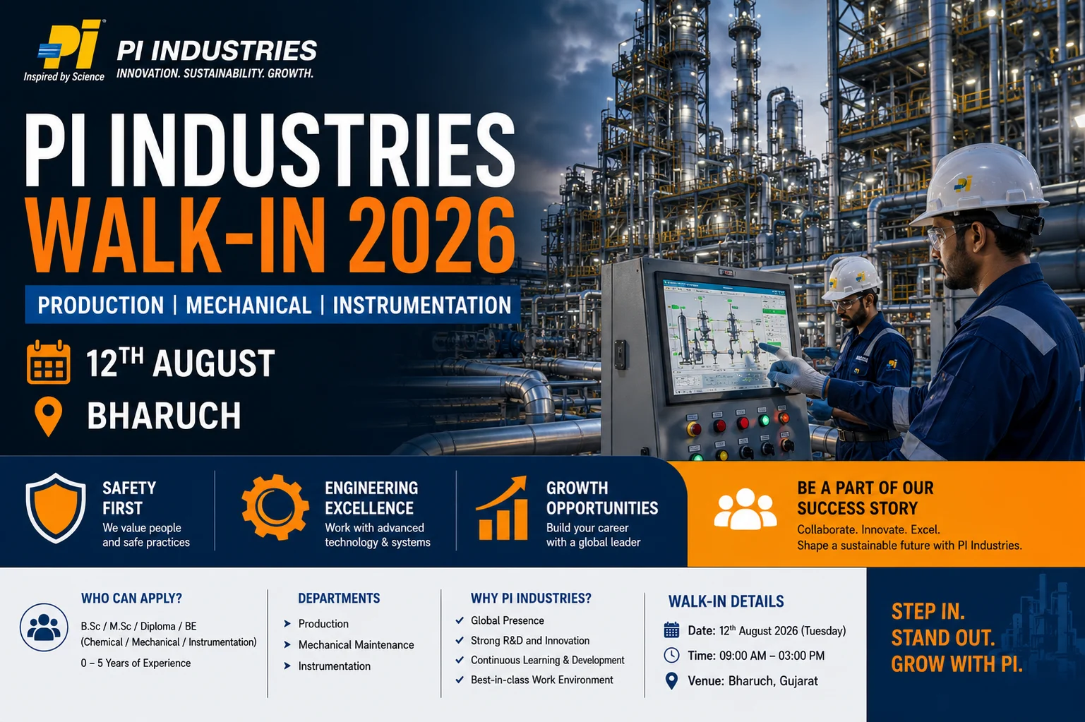 PI Industries Walk-In Interview 2026 – Production, Mechanical & Instrumentation Jobs in Gujarat