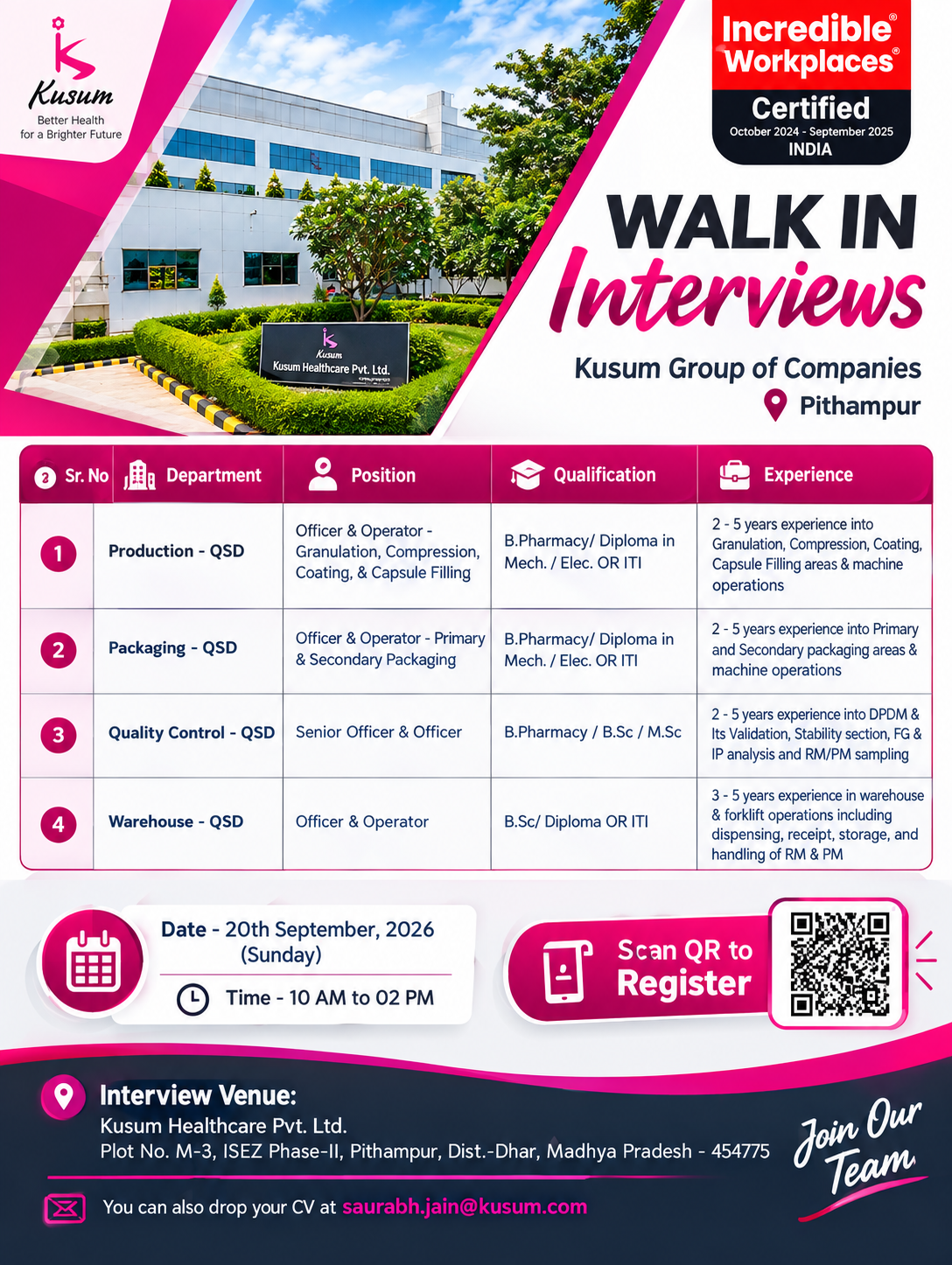 Kusum Group Walk-In Interview 2026