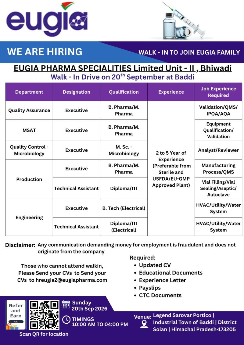 Eugia Pharma Walk-In Interview 2026