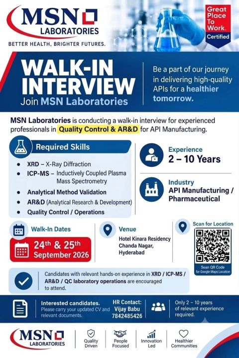 MSN Laboratories Walk-In Interview 2026