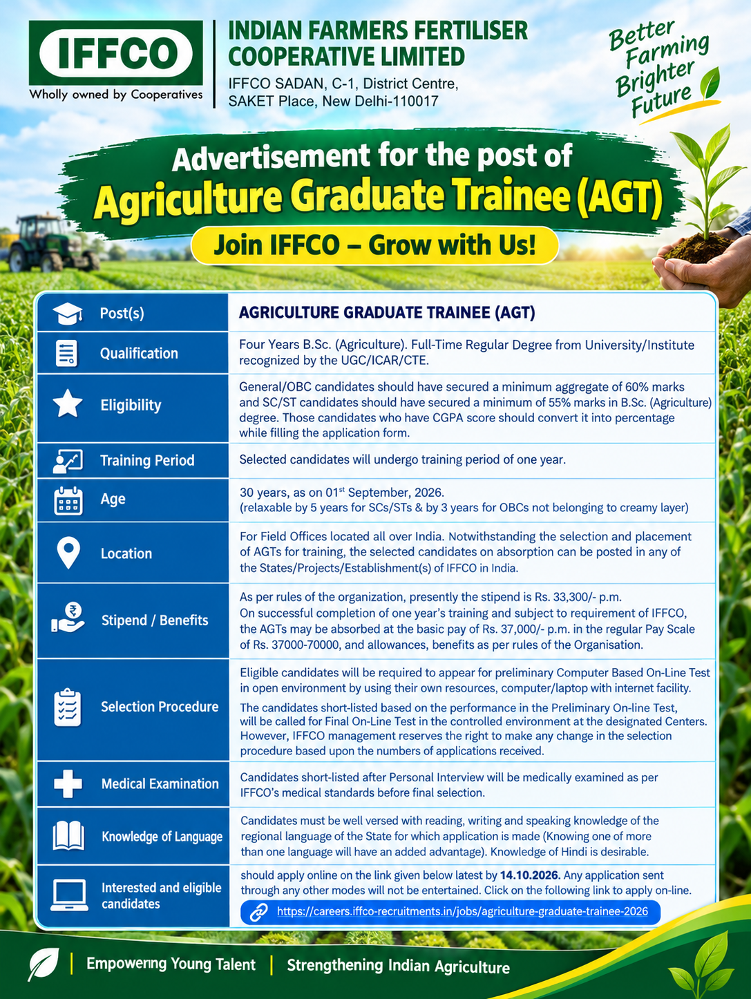 IFFCO Agriculture Graduate Trainee Recruitment 2026