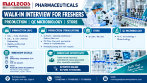 Macleods Pharmaceuticals walk-in interview