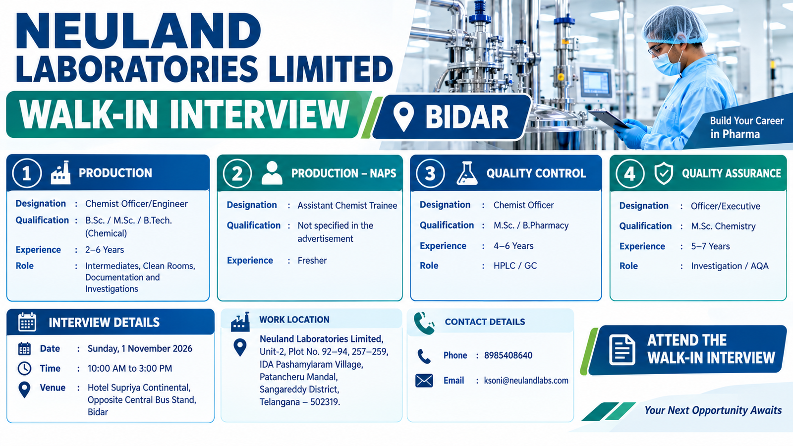 Neuland Laboratories Walk-In Interview 2026