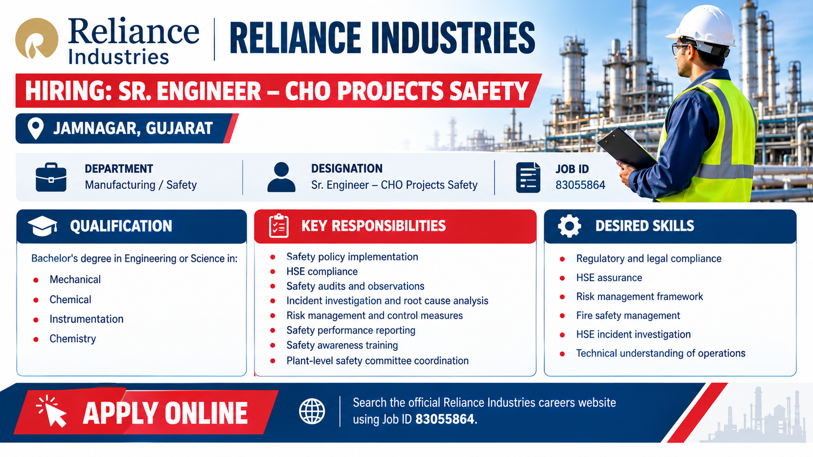 Reliance Industries Safety Engineer Hiring Poster